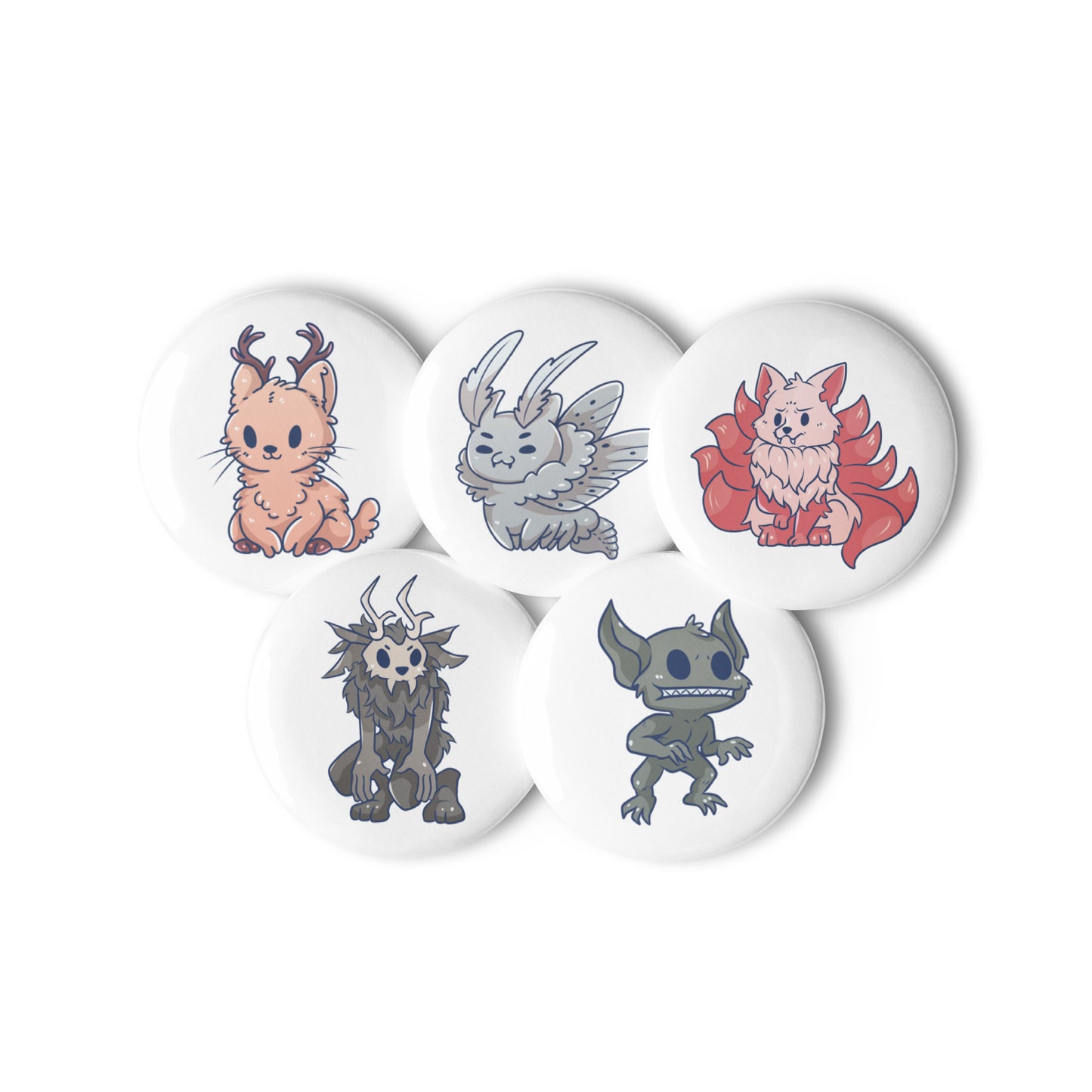 Adorable Cryptids 5ct Variety Set of Pin Buttons - Jackalope, Mothman, Kitsune. Wendigo, Hopkinsville Goblin