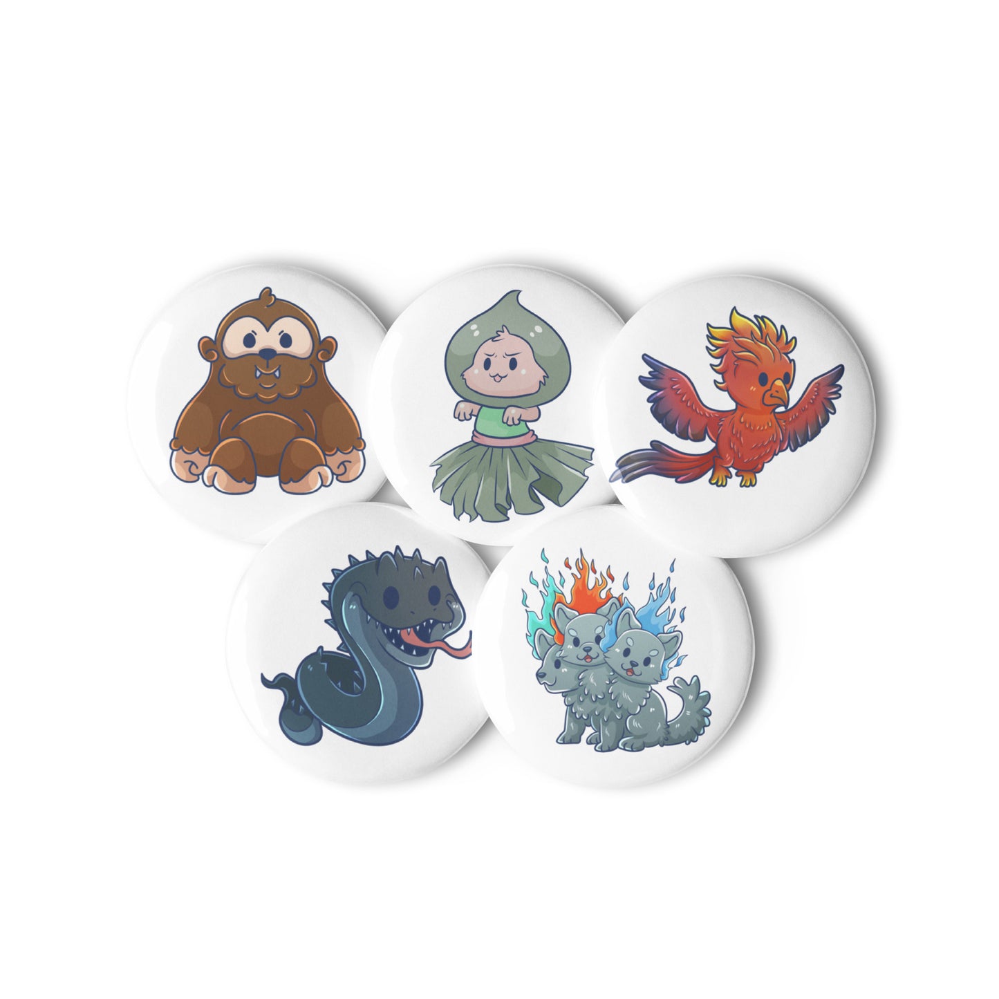 Adorable Cryptids 5ct Variety Set of Pin Buttons - Cerberus, Phoenix, Basilisk, Flatwoods Monster, Bigfoot