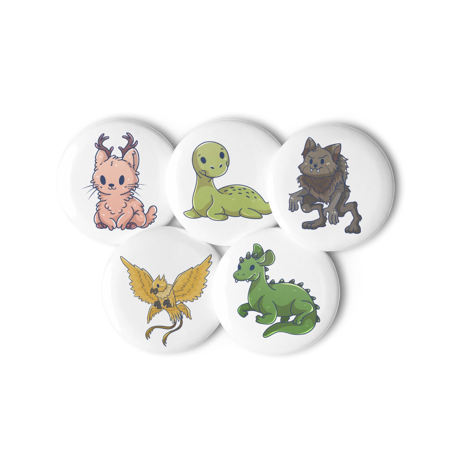 Adorable Cryptids 5ct Variety Set of Pin Buttons - Chupacabra, Loch Ness, Jackalope, Beast of Bray Rd, Thunderbird