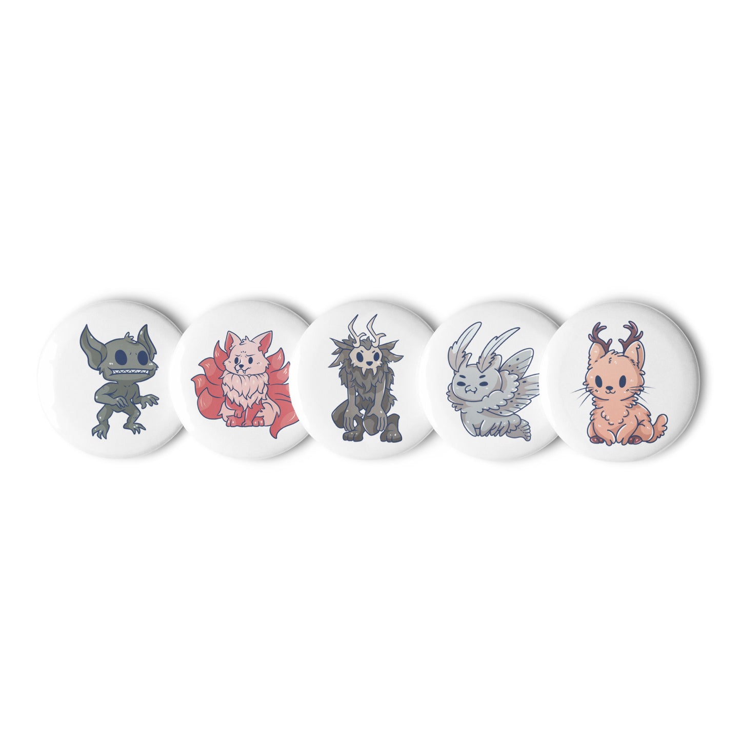 Adorable Cryptids 5ct Variety Set of Pin Buttons - Jackalope, Mothman, Kitsune. Wendigo, Hopkinsville Goblin