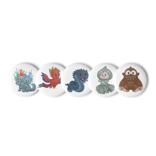 Adorable Cryptids 5ct Variety Set of Pin Buttons - Cerberus, Phoenix, Basilisk, Flatwoods Monster, Bigfoot