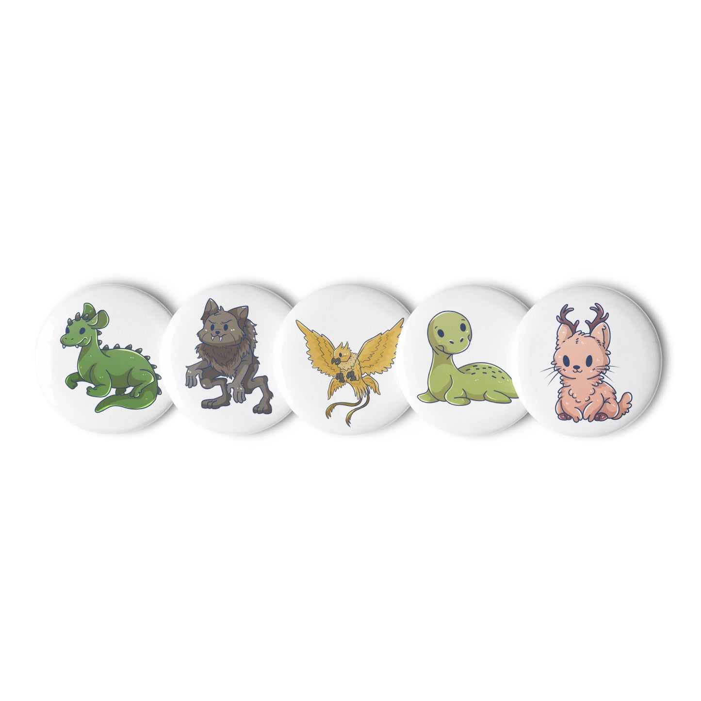 Adorable Cryptids 5ct Variety Set of Pin Buttons - Chupacabra, Loch Ness, Jackalope, Beast of Bray Rd, Thunderbird