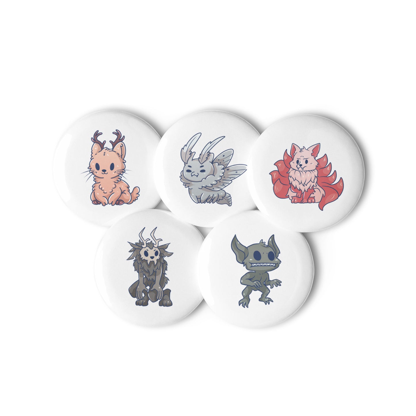 Adorable Cryptids 5ct Variety Set of Pin Buttons - Jackalope, Mothman, Kitsune. Wendigo, Hopkinsville Goblin