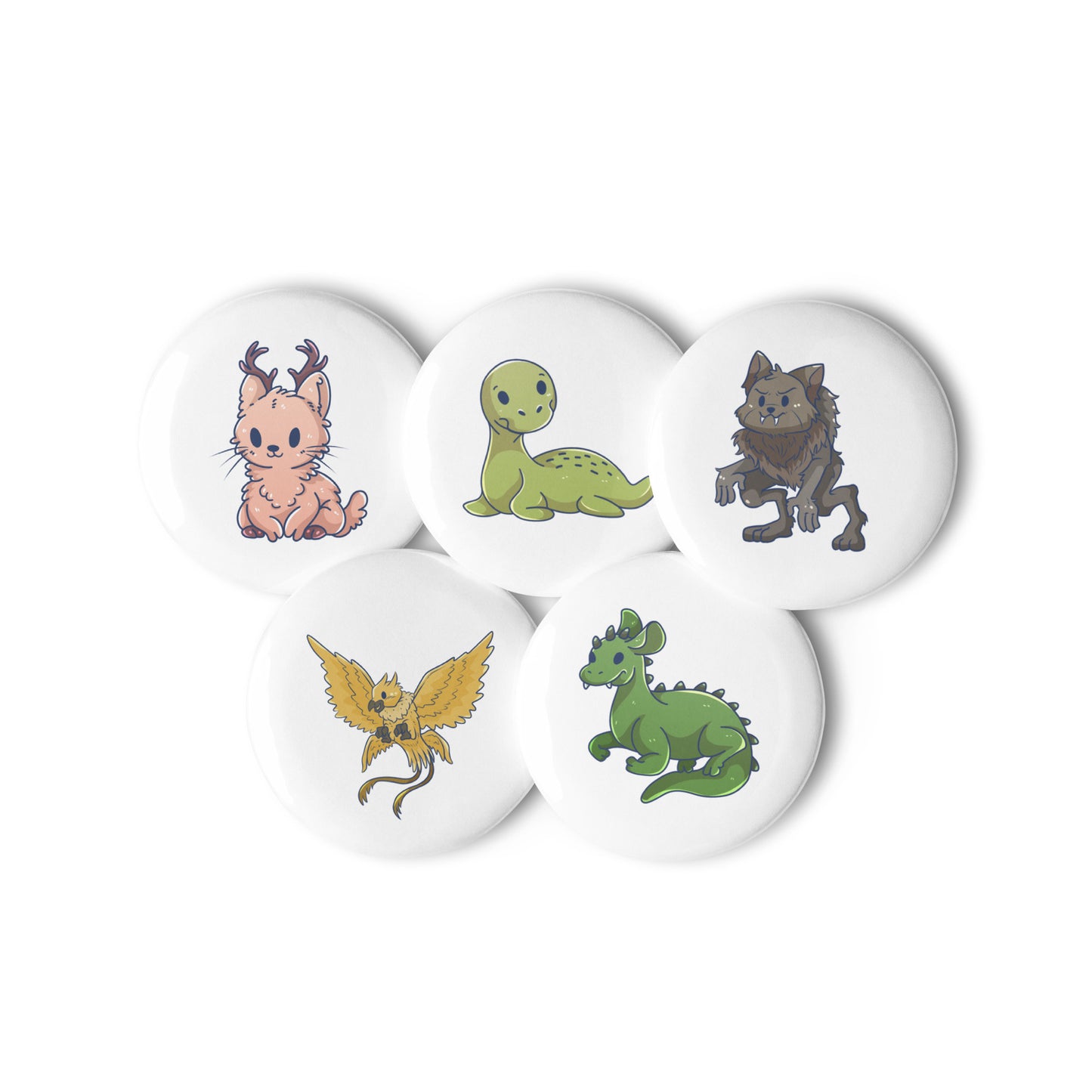 Adorable Cryptids 5ct Variety Set of Pin Buttons - Chupacabra, Loch Ness, Jackalope, Beast of Bray Rd, Thunderbird