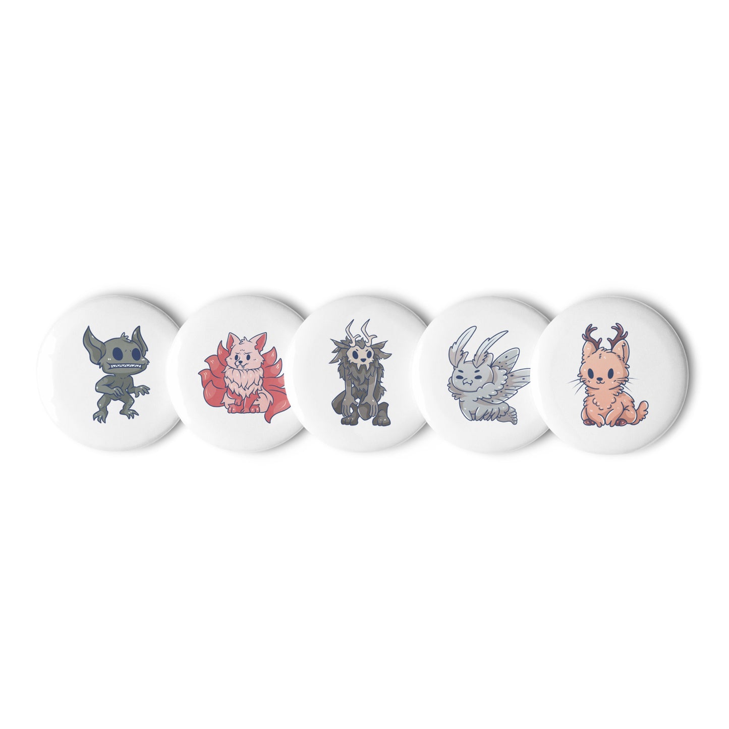 Adorable Cryptids 5ct Variety Set of Pin Buttons - Jackalope, Mothman, Kitsune. Wendigo, Hopkinsville Goblin